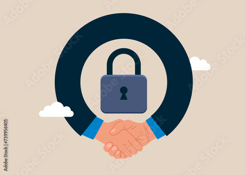Business people shaking hand after business deal welcome. The data is securely protected. Flat modern vector illustration