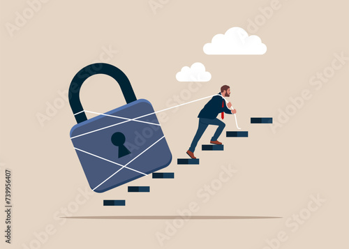 Businessman pulling heavy big lock up stair case. The data is securely protected. Flat modern vector illustration
