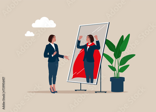 Self confidence. Woman looking at his strong ideal self superhero reflection mirror. Flat vector illustration