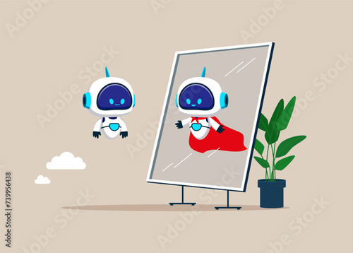 Determination to achieve goals. Robot looking at his strong ideal self superhero reflection mirror. Flat vector illustration