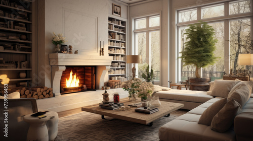 Architecture Digest, Ultra modern luxury living room interior, one floor house in Latvian forest, Francesco binfaré Edra furniture, large fireplace covering side wall, Editorial Style Photo. AI. photo