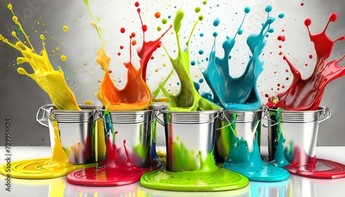 Buckets of colourful paint splash