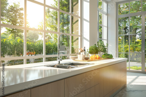 Kitchen island, sink, furniture and large windows in sunny kitchen at home. © Hunman