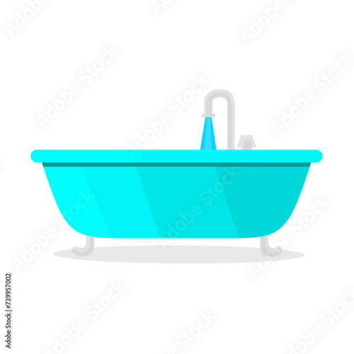 Vector illustration of bathtub with flowing water isolated on white background. Great for cleansing the body and swimming.