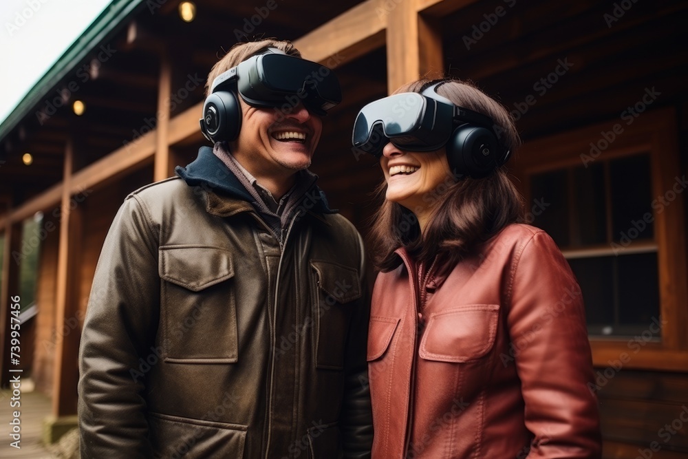 Happy man and woman enjoying immersive virtual reality experience together at home Happy man and woman enjoying immersive virtual reality experience together at home