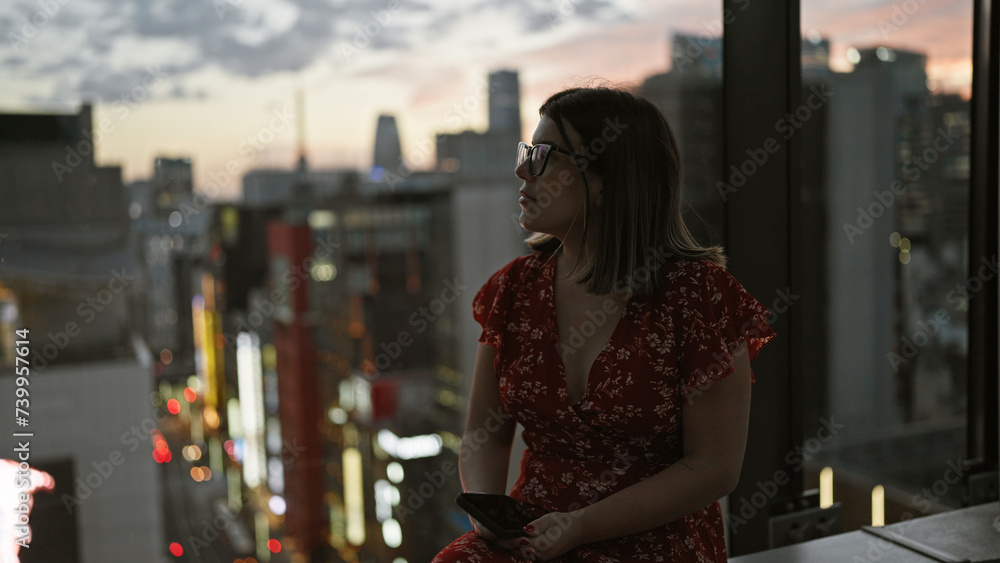 Beautiful hispanic woman glasses, looking at tokyo cityscape from sky top, using smartphone, capturing sunset over japanese urban skyline