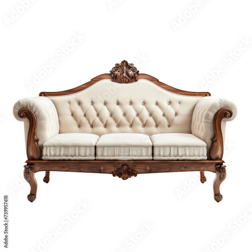 Neutral-colored Victorian style sofa with tufted backrest and elegant wooden frame.