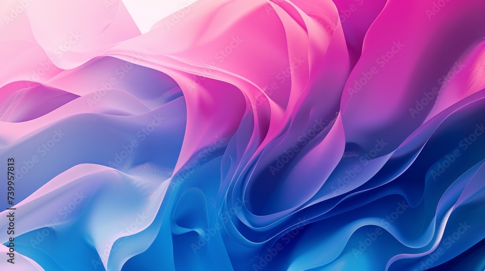 Dynamic fluid color waves in pink and blue, creating a vibrant abstract illustration. Smooth gradient of undulating waves simulating luxurious fabric in pink and blue.