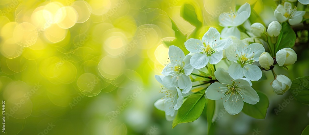 A vibrant bunch of white spring blossoms beautifully adorns a tree, with a blurred green background adding to its charm.