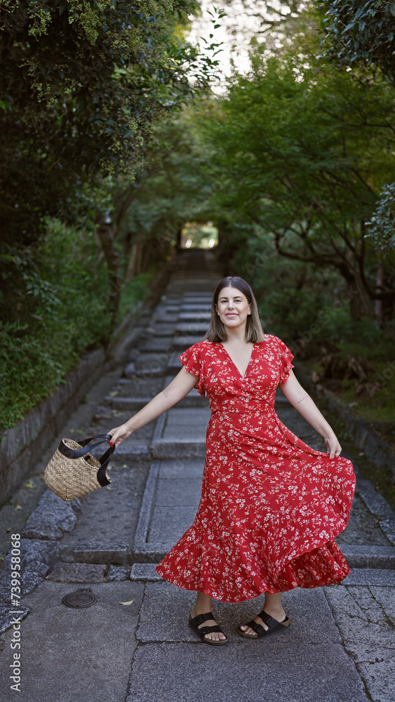 Glowing hispanic woman, radiating beauty, spins around in a traditional dress on gion kyoto's cobbled streets, igniting the old japanese town with infectious cheerfulness