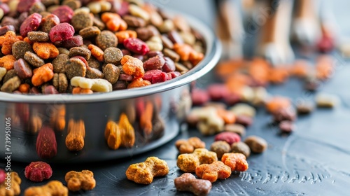 Multicolored dry dog food in a reflective metal bowl on a slate surface. Nutritious and diverse kibble mix for dogs. Hearty meal for pets with a variety of dry food shapes and colors.