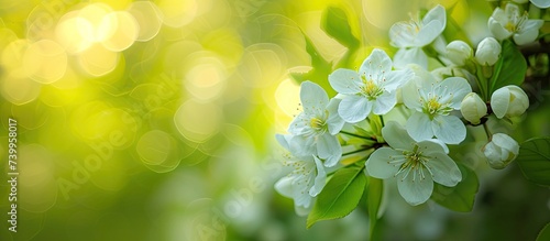 A vibrant bunch of white spring blossoms beautifully adorns a tree, with a blurred green background adding to its charm.