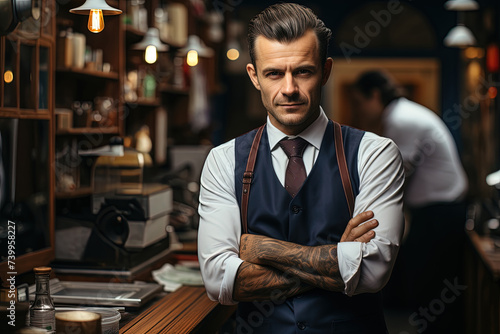 Confident man standing confidently in front of a bar, with his arms crossed. He appears assertive and in control of the situation