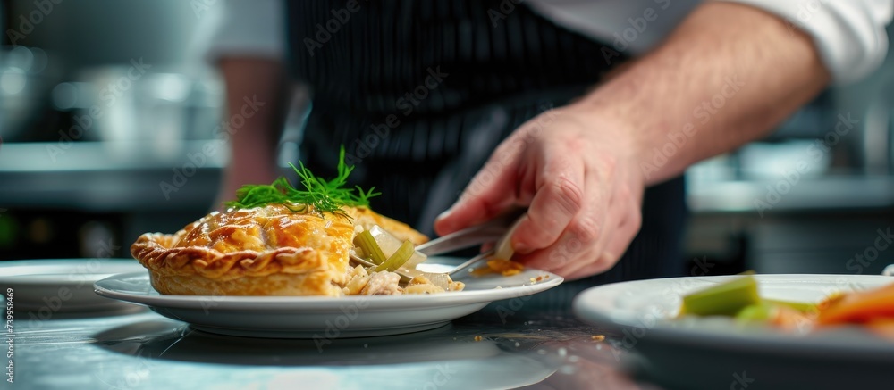 A mans hand is shown in blurred motion as he cuts a piece of a chicken pie filled with celery, onions, chicken, and creamy sauce on a plate.
