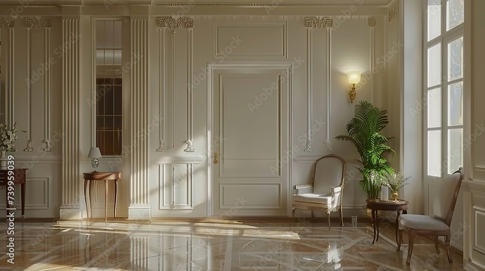 Fototapeta premium Interior of hallway with armchair, table and door