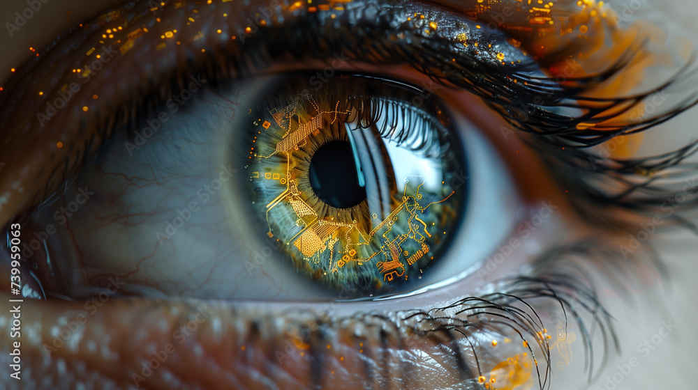 A human eye with a microchip inside. - obrazy, fototapety, plakaty 