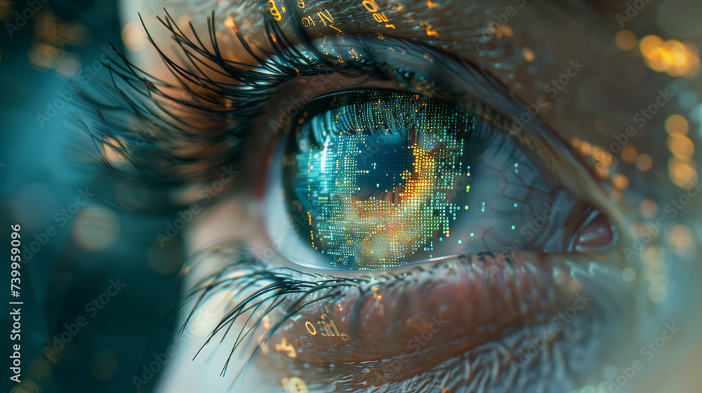 A human eye with a microchip inside. A human eye with a microchip inside.