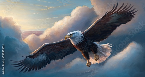 Bald eagle flying above the clouds photo