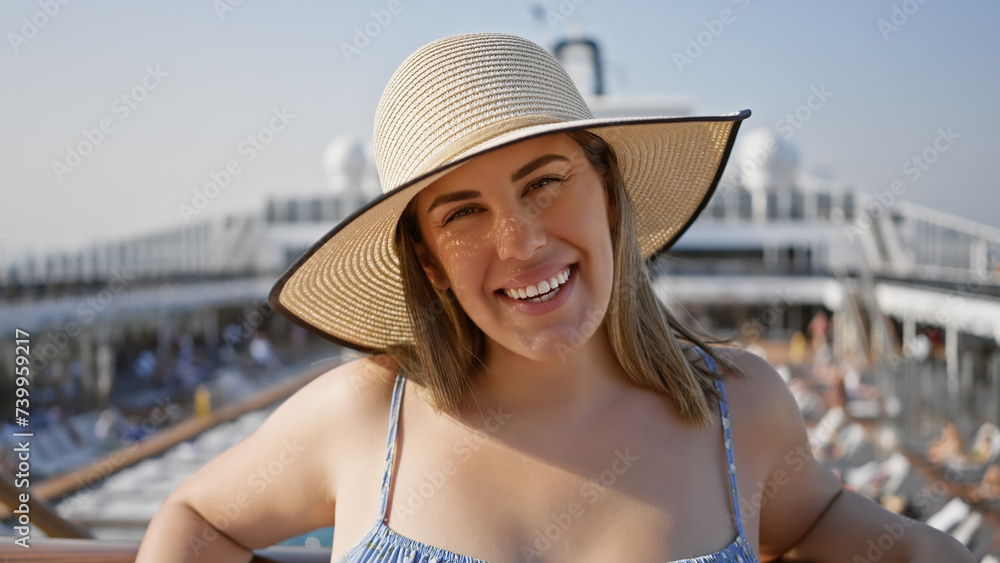 A smiling young adult latina woman in a straw hat on a cruise ship deck under a sunny sky