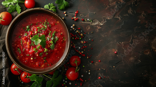 Traditional Ukrainian borscht with tomato and spices on a dark background