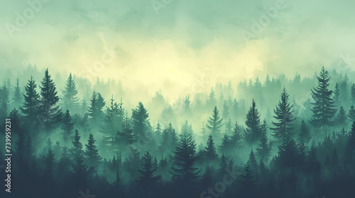 Misty landscape with fir forest in vintage retro style. Generative AI © Akash Tholiya