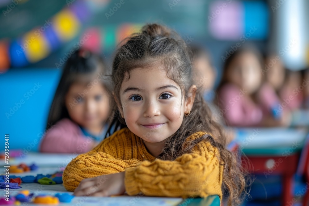 Cheerful primary school girl in a classroom, smiling, embracing the joy of learning together. Cheerful primary school girl in a classroom, smiling, embracing the joy of learning together.