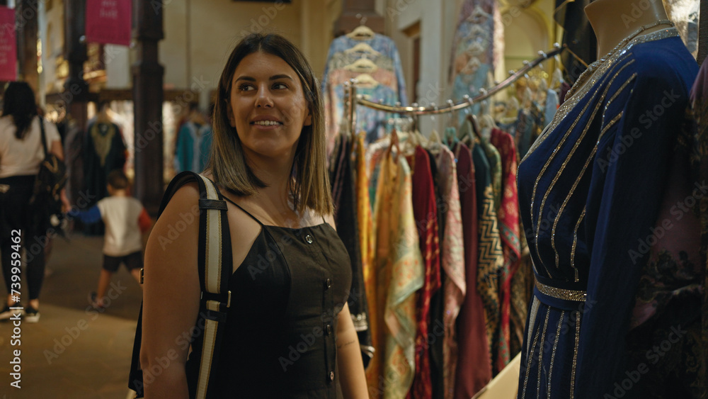Smiling woman shopping in traditional souk madinat jumeirah, dubai