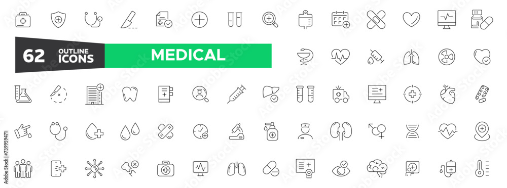 Medical 62 line icons set. Healthcare, medical, medicine. Linear icon collection. pharmacy, lab, scientific discovery, collection. Vector illustration.