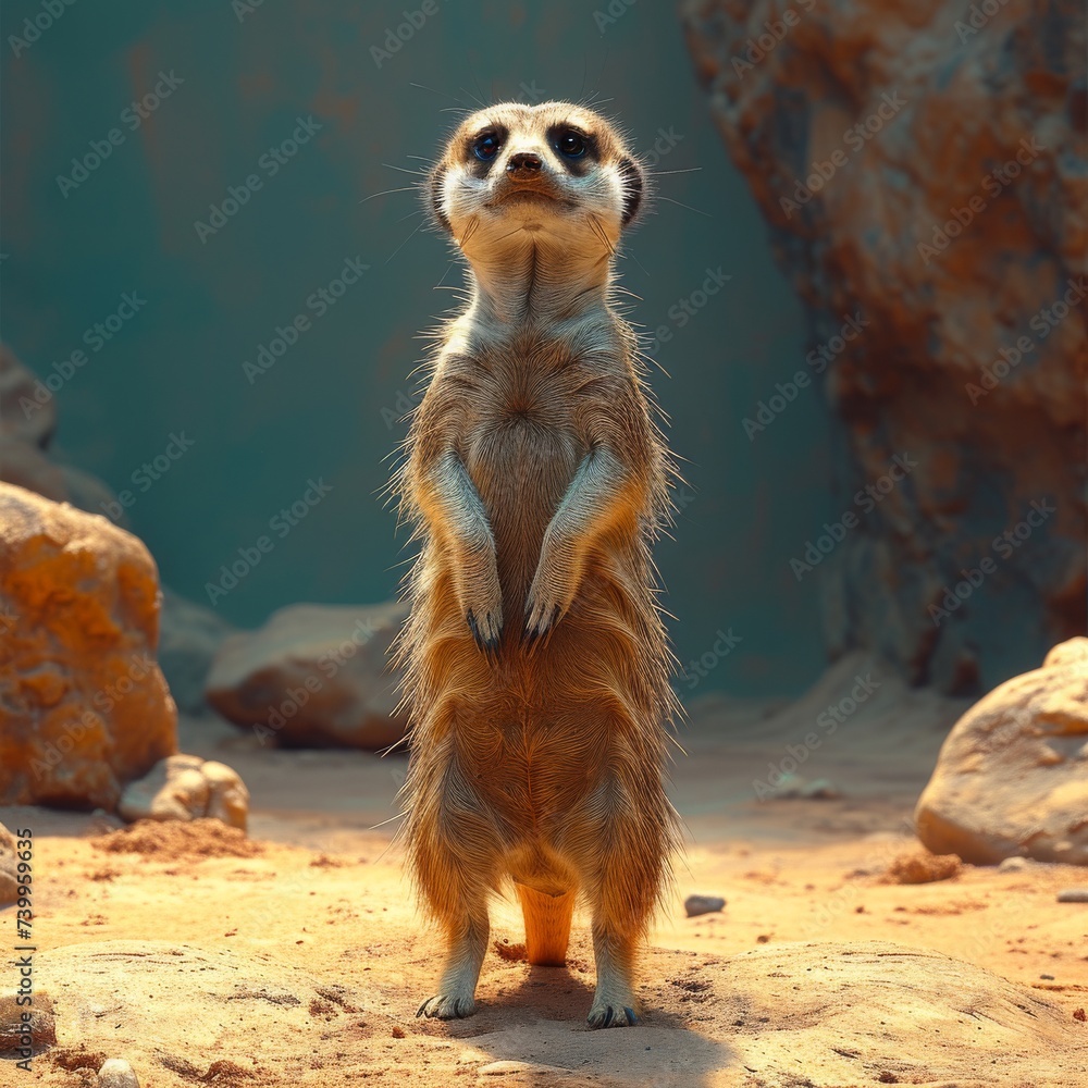 Fototapeta premium An inquisitive meerkat standing on hind legs, surveying its surroundings with a watchful gaze, showcasing the charm of small mammals. 
