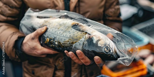 Man holds a smelly, spoiled fish in a transparent bag , concept of Unpleasant odor perception photo