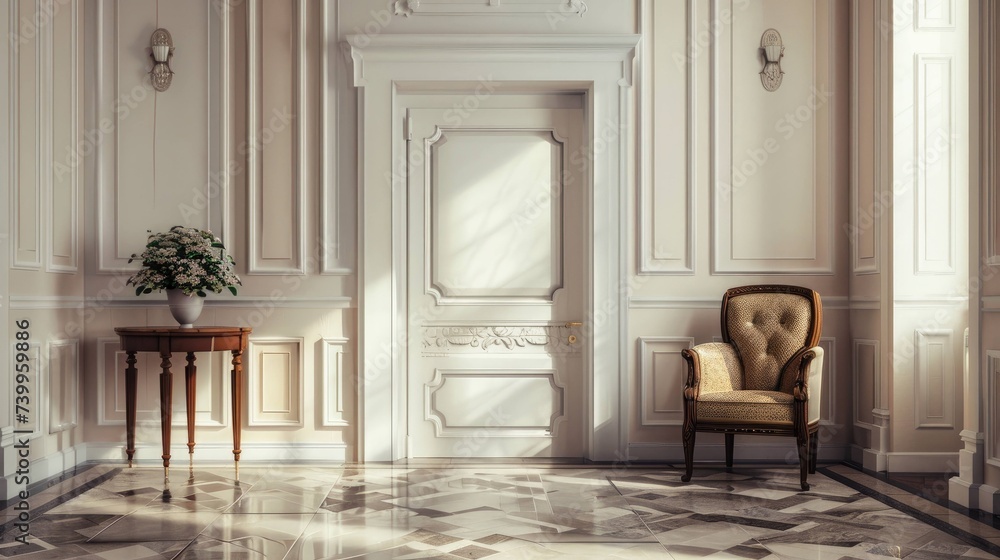 Interior of hallway with armchair, table and door Interior of hallway with armchair, table and door