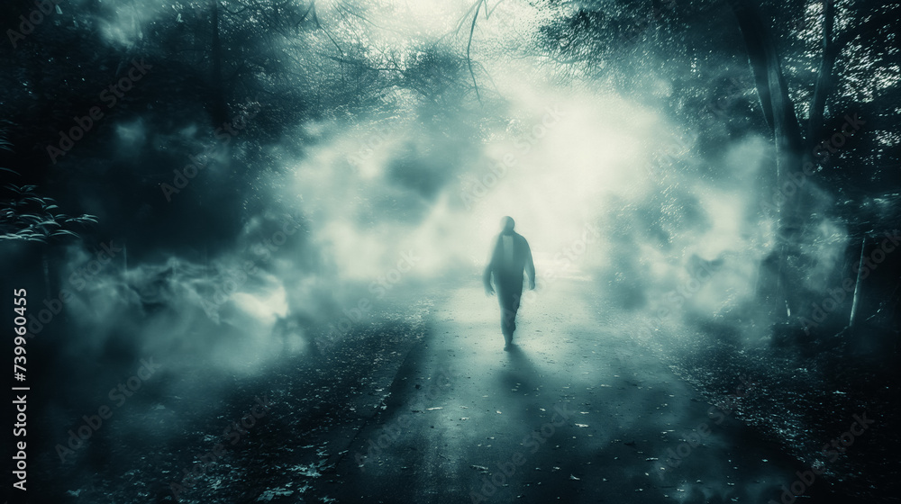 Silhouette in misty forest path, mystical mood. - obrazy, fototapety, plakaty 