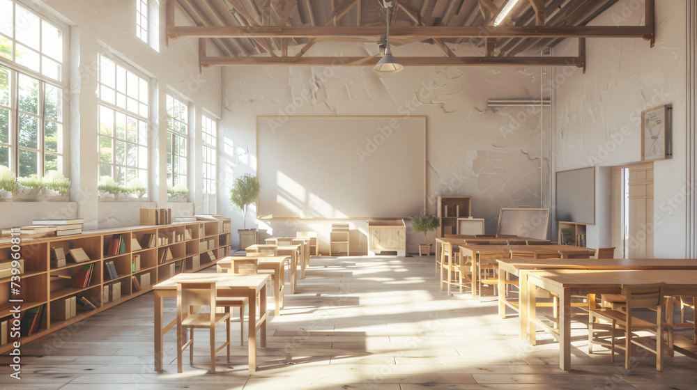 School classroom with wooden furniture.