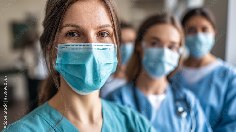 Healthcare workers in masks with focused eyes. Healthcare workers in masks with focused eyes.