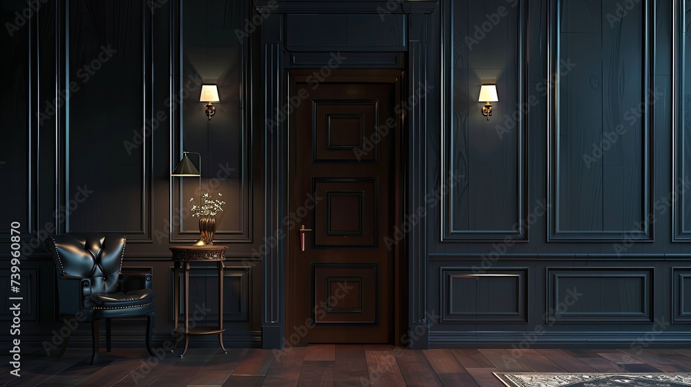Interior of hallway with armchair, table and door Interior of hallway with armchair, table and door