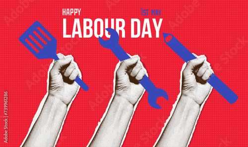 Happy Labour day greeting card template with people hands holding kitchen spatula, pencil, wrench. Modern halftone collage vector illustration design on red rays background.