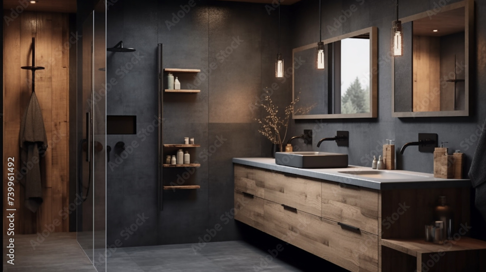 Fototapeta premium Beautiful contemporary modern bathroom with gray titanium cement walls