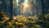 Wallpaper capturing the serene beauty of a forest landscape, with a focus on the towering trees, the intricate layers of foliage capturing the forest in sharp detail from foreground to background. The