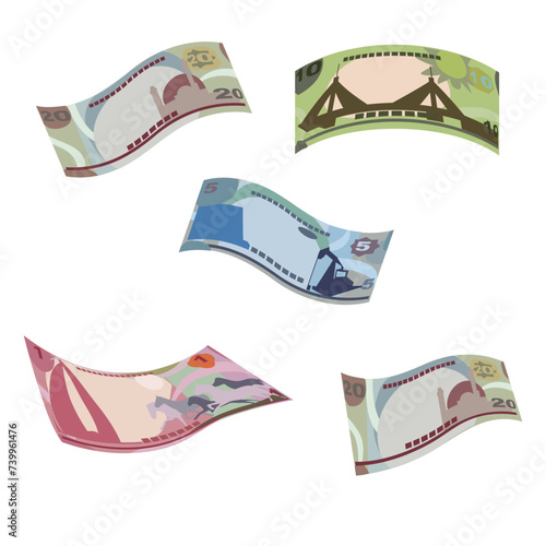 Bahraini Dinar Vector Illustration. Bahrain money set bundle banknotes. Falling, flying money 1, 5, 10, 20 BHD. Flat style. Isolated on white background. Simple minimal design.