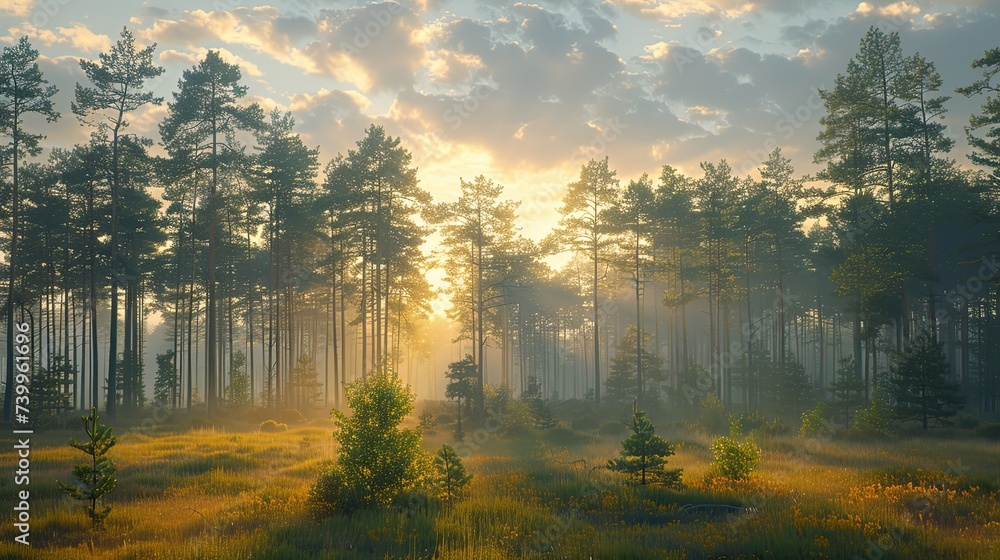 Fototapeta premium Wallpaper capturing the serene beauty of a forest landscape, with a focus on the towering trees, the intricate layers of foliage capturing the forest in sharp detail from foreground to background. The