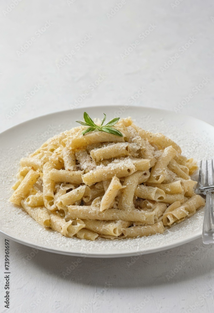 Alfredo Penne Pasta on White Plate with a Fork Alfredo Penne Pasta on White Plate with a Fork