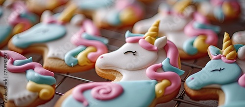 A detailed view of a tray filled with beautifully decorated unicorn cookies, featuring intricate icing designs, drying on a rack.