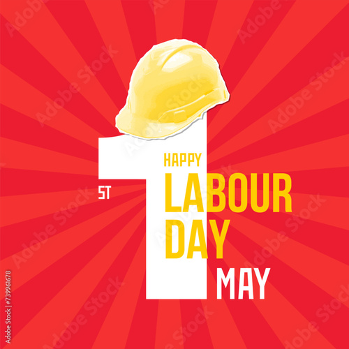 Happy labour Day May 1 Banner With Safety Helmet on Number One. Halftone collage vector typography Illustration