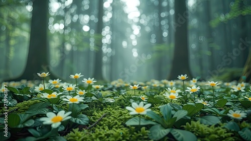 Wallpaper capturing the serene beauty of a forest landscape, with a focus on the towering trees, the intricate layers of foliage capturing the forest in sharp detail from foreground to background. The © paisorn