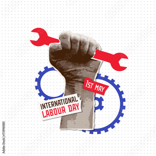 International labour day card with fist with red wrench and blue gears. Vintage halftone collage Vector template for poster, greeting card