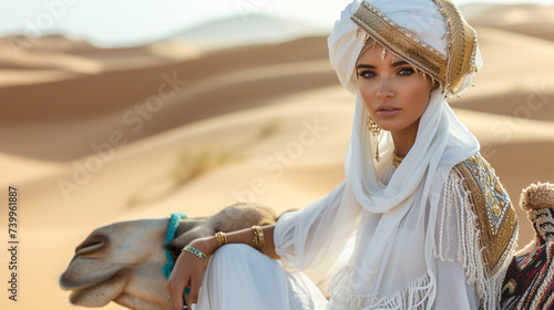 Woman on camel in desert. 