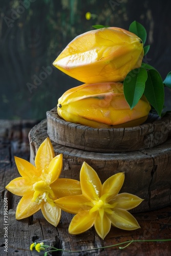 a compelling banner that brings out the exotic allure of carambola against a rustic wooden backdrop photo