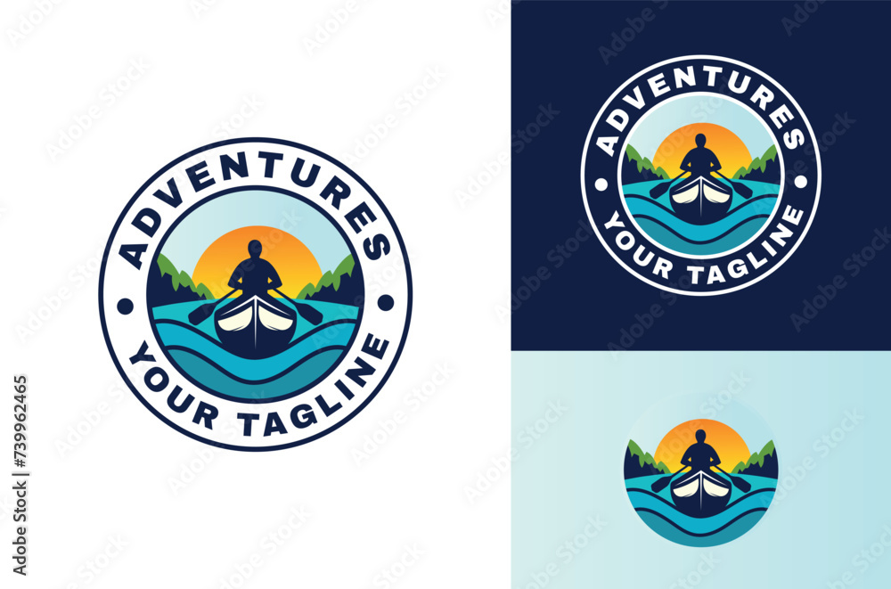 Naklejka premium Kayak silhouette illustration of man holding paddle adventure emblem emblem with sunset design template