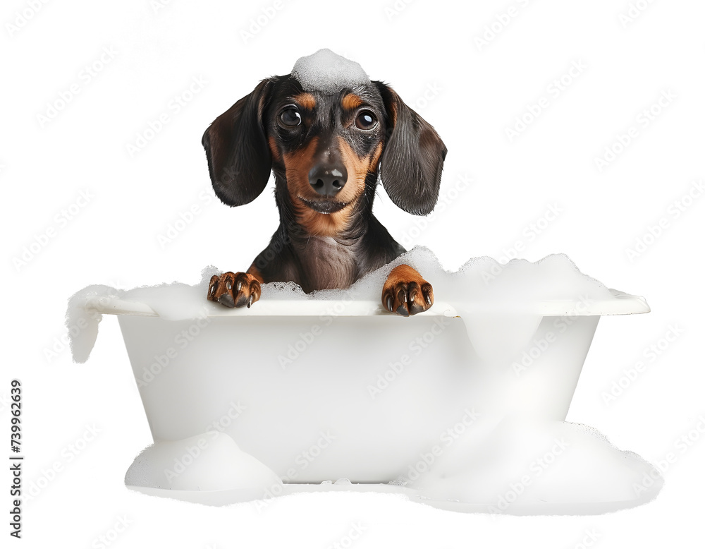 Cute little Dachshund dog in a bath with foam, isolated on white ...