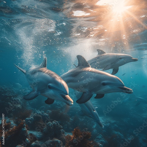An underwater photograph of a playful pod of dolphins swimming gracefully, capturing the dynamic and joyful nature of marine life